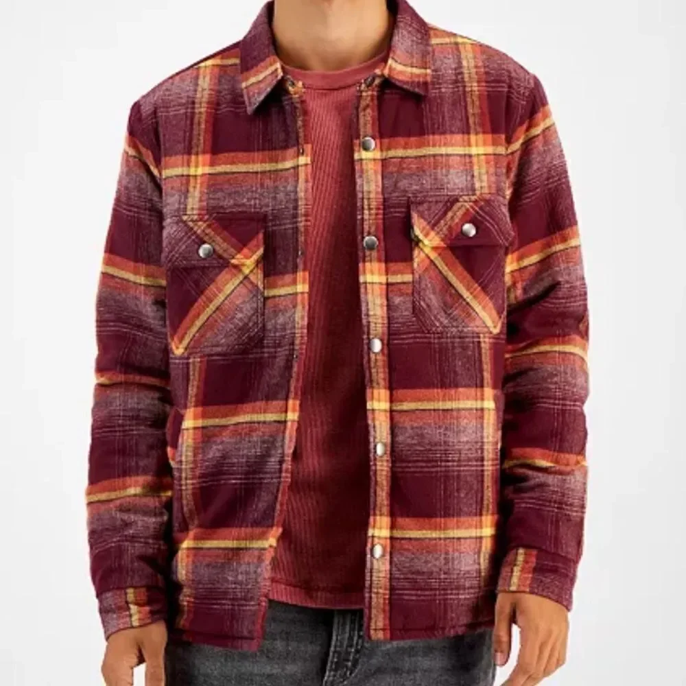 Sun & Stone Men's Plaid Flannel Shirt Shacket Burgundy Yellow Jacob Shirt Jacket